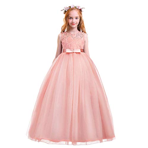 FYMNSI Blumenmädchen Kleid Kinder Hochzeit Brautjungfer Langes Abendkleid Spitzenkleid Tüll Maxikleid Ärmellos Geburtstag Partykleid Festkleid Ballkleid Cocktailkleid Pfirsich 5-6 Jahre von FYMNSI