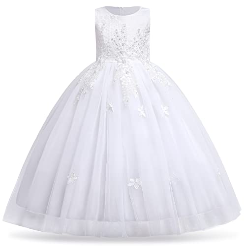 FYMNSI Blumenmädchen Kleid Kinder Langes Abendkleid Tüll Hochzeit Brautjungfer Formale Partykleid Blumen Stickerei Cocktail Feierliche Anlässe Maxikleid Ballkleid Kommunionskleid Weiß 7-8 Jahre von FYMNSI