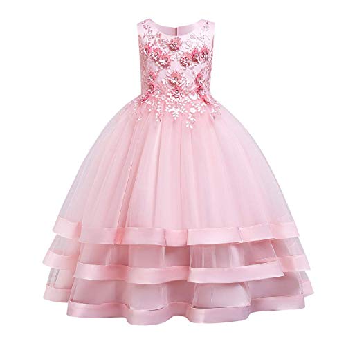 FYMNSI Blumenmädchen Kleid Kinder Langes Abendkleid Tüll Tütü Prinzessin Partykleid Ärmellos Maxikleid Geburtstag Hochzeit Brautjungfer Prinzessinenkleid Teenager Festliche Festkleid Rosa 11-12 Jahre von FYMNSI