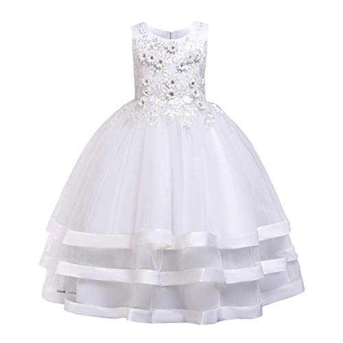 FYMNSI Blumenmädchen Kleid Kinder Langes Abendkleid Tüll Tütü Prinzessin Partykleid Ärmellos Maxikleid Geburtstag Hochzeit Brautjungfer Prinzessinenkleid Teenager Festliche Festkleid Weiß 15-16 Jahre von FYMNSI