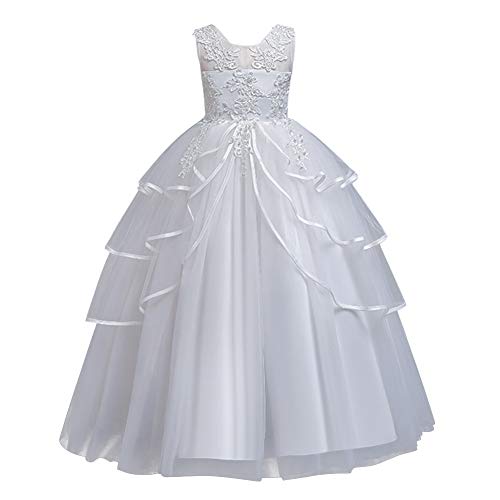 FYMNSI Blumenmädchen Kleid Kinder Langes Abendkleid Tütü Tüll Prinzessin Brautjungfern Hochzeitskleid Mädchen Blumenstickerei Partykleid Geburtstag Kommunionskleid Maxikleid Ballkleid Weiß 10-11 Jahre von FYMNSI