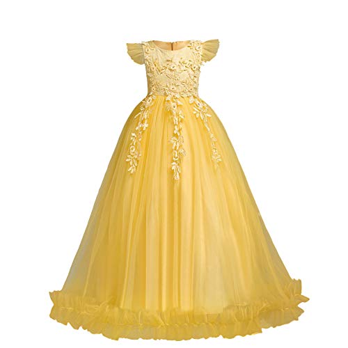 FYMNSI Blumenmädchen Kleid Kinder Langes Tüll Hochzeitskleid Brautjungfern Formale Partei Abendkleid Blumen Stickerei Cocktailkleid Feierliche Anlässe Maxikleid Partykleid Ballkleid Gelb 13-14 Jahre von FYMNSI