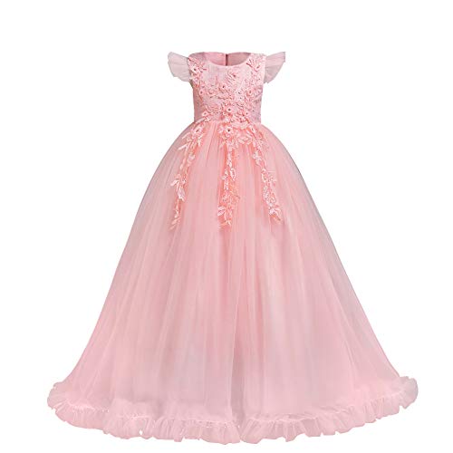 FYMNSI Blumenmädchen Kleid Kinder Langes Tüll Hochzeitskleid Brautjungfern Formale Partei Abendkleid Blumen Stickerei Cocktailkleid Feierliche Anlässe Maxikleid Partykleid Ballkleid Rosa 11-12 Jahre von FYMNSI