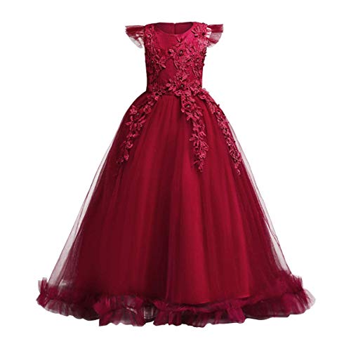 FYMNSI Blumenmädchen Kleid Kinder Langes Tüll Hochzeitskleid Brautjungfern Formale Partei Abendkleid Blumen Stickerei Cocktailkleid Feierliche Anlässe Maxikleid Partykleid Ballkleid Weinrot 7-8 Jahre von FYMNSI