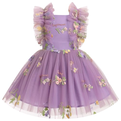 FYMNSI Blumenmädchen Kleid Kinder Mädchen Geburtstag Partykleider Blumen Stickerei Prinzessin Tüllkleid Festliches Festkleid Hochzeit Abendkleid Taufkleid Hochzeitsgast Kinderkleid Dunkellila 7-8J von FYMNSI