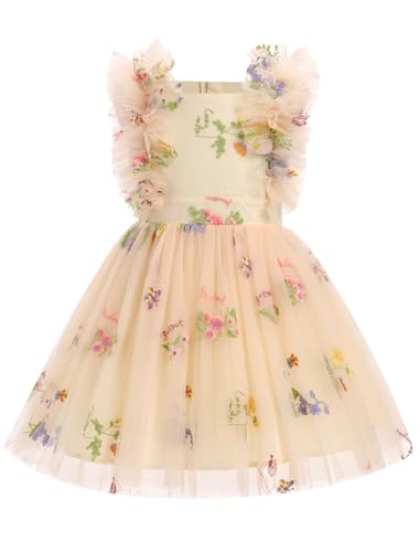 FYMNSI Blumenmädchen Kleid Kinder Mädchen Geburtstag Partykleider Blumen Stickerei Prinzessin Tütü Tüllkleid Festliches Festkleid Hochzeit Abendkleid Taufkleid Hochzeitsgast Kinderkleid Aprikose 2-3J von FYMNSI