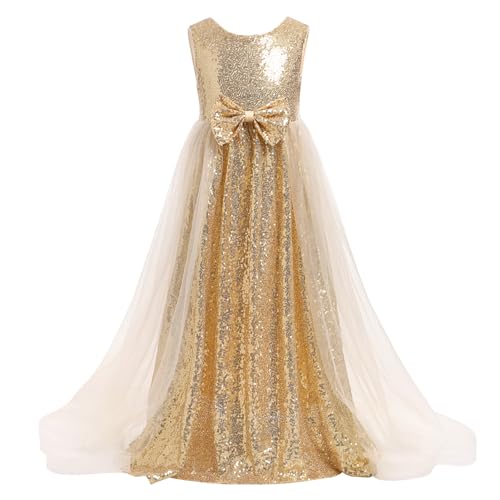 FYMNSI Blumenmädchen Kleid Kinder Mädchen Glitzer Pailletten Langes Abendkleider Hochzeit Brautjungfern Ärmellos Festkleid Geburtstag Partykleid Tüll Prinzessin Kommunion Ballkleid Gold 5 Jahre von FYMNSI