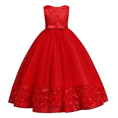 FYMNSI Blumenmädchen Kleid Kinder Mädchen Langes Abendkleid A-Linie Tüllkleid Hochzeit Brautjungfer Prinzessin Maxikleid Ärmellos Festliches Festkleid Formal Jugendliche Ballkleid Rot 7-8 Jahre von FYMNSI