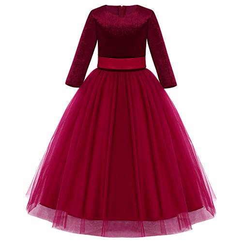 FYMNSI Blumenmädchen Kleid Kinder Mädchen Langes Abendkleid Festlich Hochzeit Brautjungfern Partykleid Tütü Tüll Prinzessin 3/4 Arm Samt Kleider Weihnachtskleid Geburtstag Ballkleid Weinrot 7-8 Jahre von FYMNSI