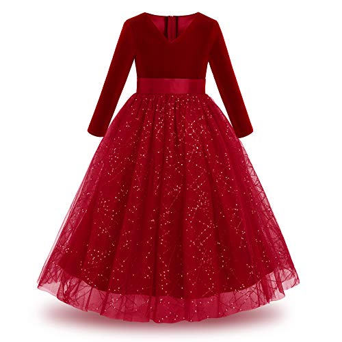 FYMNSI Blumenmädchen Kleid Kinder Mädchen Langes Abendkleid Hochzeit Brautjungfern Partykleid V-Ausschnitt Pailletten Tüll Prinzessin Langarm Samtkleid Cocktail Geburtstag Ballkleid Weinrot 4-5 Jahre von FYMNSI