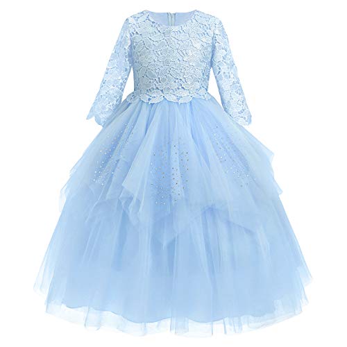 FYMNSI Blumenmädchen Kleid Kinder Mädchen Spitzenkleid Langes Abendkleid Tütü Prinzessin Tüllkleid Hochzeit Brautjungfer Partykleid Festkleid Cocktailkleid Geburtstag Ballkleid Blau 13-14 Jahre von FYMNSI