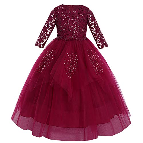 FYMNSI Blumenmädchen Kleid Kinder Mädchen Spitzenkleid Langes Abendkleid Tütü Prinzessin Tüllkleid Hochzeit Brautjungfer Partykleid Festkleid Cocktailkleid Geburtstag Ballkleid Weinrot 9-10 Jahre von FYMNSI
