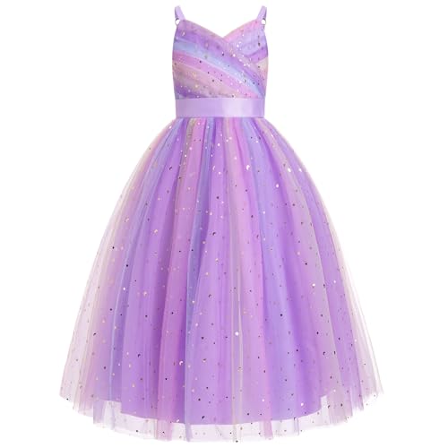 FYMNSI Blumenmädchen Kleid Kinder Mädchen Träger V-Ausschnitt Ärmellos Geburtstag Partykleid Prinzessin Tüllkleid Maxikleid Hochzeit Brautjungfer Festkleid Langes Abendkleider Ballkleid Lila Bunt 12J von FYMNSI