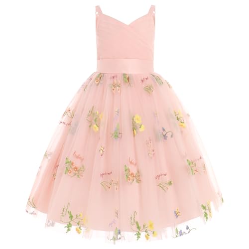 FYMNSI Blumenmädchen Kleid Kinder Mädchen Träger V-Ausschnitt Ärmellos Geburtstag Partykleid Prinzessin Tüllkleid Maxikleid Hochzeit Brautjungfer Festkleid Langes Abendkleider Ballkleid Rosa 10 Jahre von FYMNSI