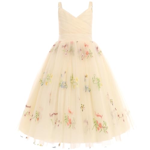 FYMNSI Blumenmädchen Kleid Kinder Mädchen V-Ausschnitt Ärmellos Geburtstag Partykleid Prinzessin Tüllkleid Maxikleid Hochzeit Brautjungfer Festkleid Langes Abendkleider Ballkleid Aprikose Blumen 10J von FYMNSI