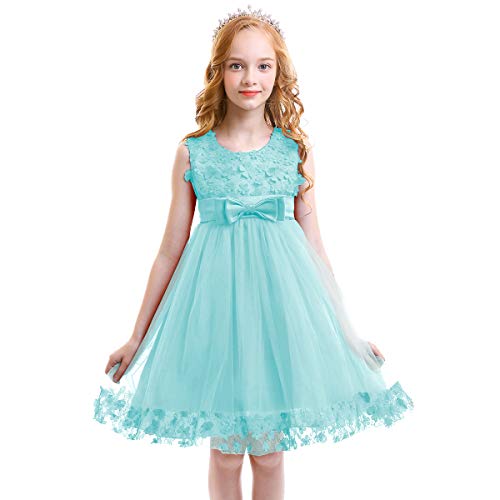 FYMNSI Blumenmädchen Kleid Kinder Prinzessin Tütü Tüllkleid Hochzeit Brautjungfer Abendkleid Schleife Festliches Festkleid Geburtstag Partykleid Kurzes Ärmellos Sommerkleid Blaugrün 9-10 Jahre von FYMNSI