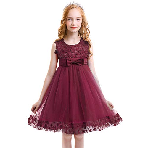 FYMNSI Blumenmädchen Kleid Kinder Prinzessin Tütü Tüllkleid Hochzeit Brautjungfer Abendkleid Schleife Festliches Festkleid Geburtstag Partykleid Kurzes Ärmellos Sommerkleid Weinrot 3-4 Jahre von FYMNSI