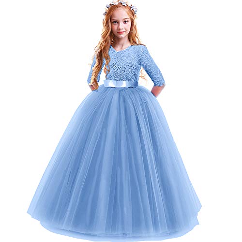 FYMNSI Blumenmädchen Kleid Kinder Spitzenkleid Hochzeit Brautjungfern Maxikleid Lang Abendkleid Prinzessin Partykleid Tüllkleid Festzug Kommunion A-Linie Festliches Festkleid Himmelblau 13-14 Jahre von FYMNSI