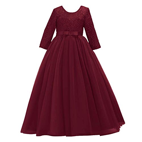 FYMNSI Blumenmädchen Kleid Kinder Spitzenkleid Hochzeit Brautjungfern Maxikleid Langes Abendkleid Prinzessin Partykleid Tüllkleid Festzug Erstkommunion A-Linie Festliches Festkleid Weinrot 11-12 Jahre von FYMNSI