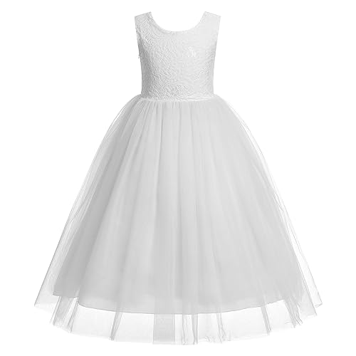 FYMNSI Blumenmädchen Kleid Kinder Spitzenkleid Rückenfrei Ärmellos Partykleid Prinzessin Tüllkleid Maxikleid Geburtstag Hochzeit Brautjungfer Festliches Festkleid Langes Abendkleider Weiß 5-6 Jahre von FYMNSI