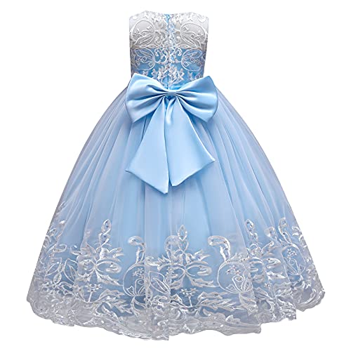 FYMNSI Blumenmädchen Kleid Mädchen Kinder Langes Abendkleid Festlich Festkleid Hochzeit Brautjungfern Feierliche Anlässe Geburtstag Partykleid Prinzessin A-Linie Stickerei Tüllkleid Blau 9-10 Jahre von FYMNSI