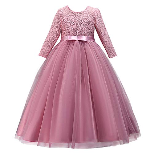 FYMNSI Blumenmädchen Kleider Kinder Festlich Hochzeit Brautjungfern Partykleid Prinzessin Tütü Tüllkleid Festzug 3/4 Arm Spitzenkleid Erstkommunion Abendkleid A-Linie Festkleid Dunkelrosa 7-8 Jahre von FYMNSI