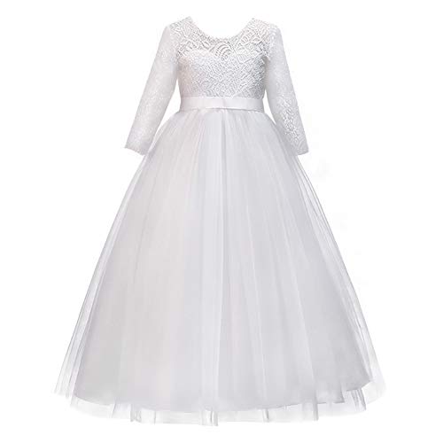 FYMNSI Blumenmädchen Kleider Kinder Festlich Hochzeit Brautjungfern Partykleid Prinzessin Tütü Tüllkleid Festzug 3/4 Arm Spitzenkleid Erstkommunion Abendkleid A-Linie Festkleid Weiß 13-14 Jahre von FYMNSI