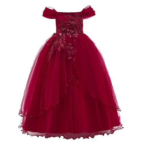 FYMNSI Blumenmädchen Kleider Kinder Schulterfrei Langes Abendkleid Tüllkleid Hochzeit Brautjungfern Partykleid Prinzessin Tütü Festlich Festzug Erstkommunion A-Linie Cocktailkleid Dunkelrot 9-10J von FYMNSI