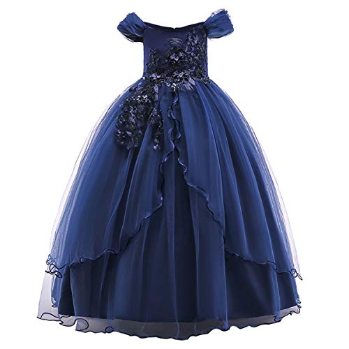 FYMNSI Blumenmädchen Kleider Kinder Schulterfrei Langes Abendkleid Tüllkleid Hochzeit Brautjungfern Partykleid Prinzessin Tütü Festlich Festzug Erstkommunion A-Linie Cocktailkleid Marineblau 11-12J von FYMNSI