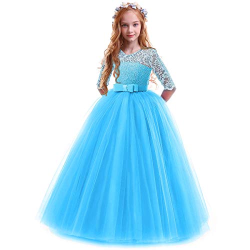 FYMNSI Blumenmädchen Kleider Mädchen Kinder Festlich Hochzeits Kleid Prinzessin Brautjungfern Anlässe Partykleid Festzug 3/4 Arm Spitzenkleid Tüllkleid Erstkommunion Abendkleid Dunkelblau 5-6 Jahre von FYMNSI