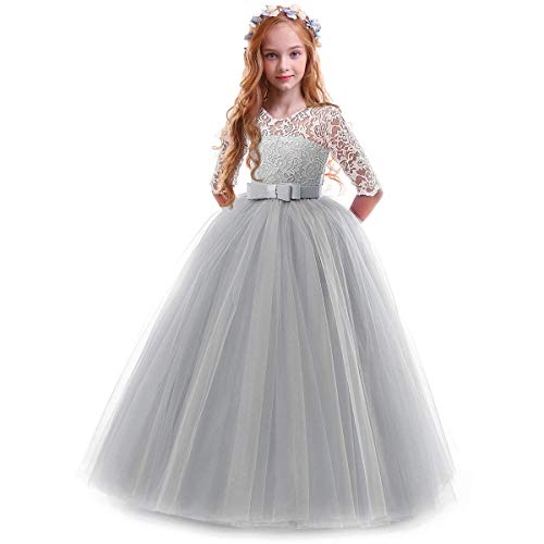 FYMNSI Blumenmädchen Kleider Mädchen Kinder Festlich Hochzeits Kleid Prinzessin Brautjungfern Anlässe Partykleid Festzug 3/4 Arm Spitzenkleid Tüllkleid Erstkommunion Abendkleid Grau 7-8 Jahre von FYMNSI