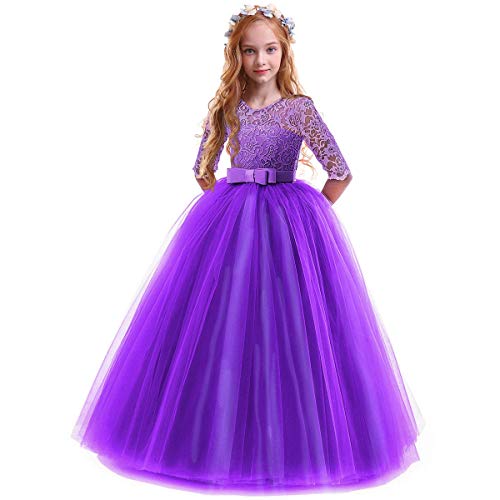 FYMNSI Blumenmädchen Kleider Mädchen Kinder Festlich Hochzeits Kleid Prinzessin Brautjungfern Anlässe Partykleid Festzug 3/4 Arm Spitzenkleid Tüllkleid Erstkommunion Abendkleid Lila 5-6 Jahre von FYMNSI