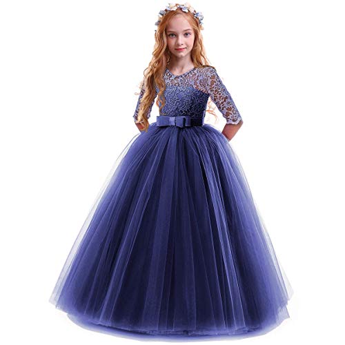 FYMNSI Blumenmädchen Kleider Mädchen Kinder Festlich Hochzeits Kleid Prinzessin Brautjungfern Anlässe Partykleid Festzug 3/4 Arm Spitzenkleid Tüllkleid Erstkommunion Abendkleid Marineblau 2-3 Jahre von FYMNSI