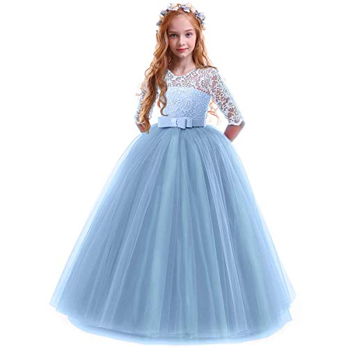 FYMNSI Blumenmädchen Kleider Mädchen Kinder Festlich Hochzeits Kleid Prinzessin Brautjungfern Anlässe Partykleider Festzug 3/4 Arm Spitzenkleid Tüllkleid Erstkommunion Abendkleid Blau 3-4 Jahre von FYMNSI