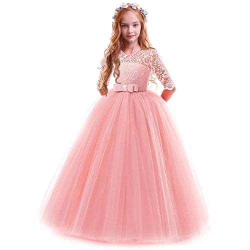 FYMNSI Blumenmädchen Kleider Mädchen Kinder Festlich Hochzeits Kleid Prinzessin Brautjungfern Anlässe Partykleider Festzug 3/4 Arm Spitzenkleid Tüllkleid Erstkommunion Abendkleid Rosa 3-4 Jahre von FYMNSI