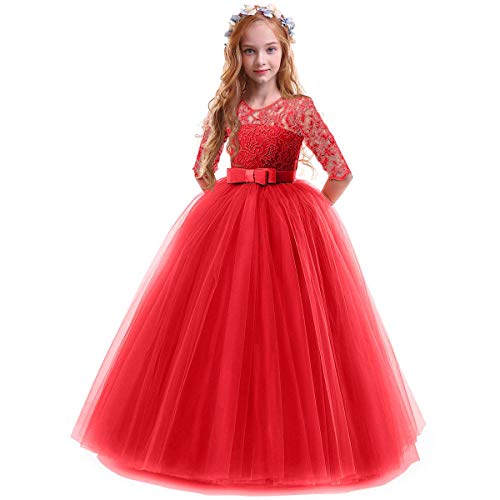 FYMNSI Blumenmädchen Kleider Mädchen Kinder Festlich Hochzeits Kleid Prinzessin Brautjungfern Anlässe Partykleider Festzug 3/4 Arm Spitzenkleid Tüllkleid Erstkommunion Abendkleid Rot 13-14 Jahre von FYMNSI