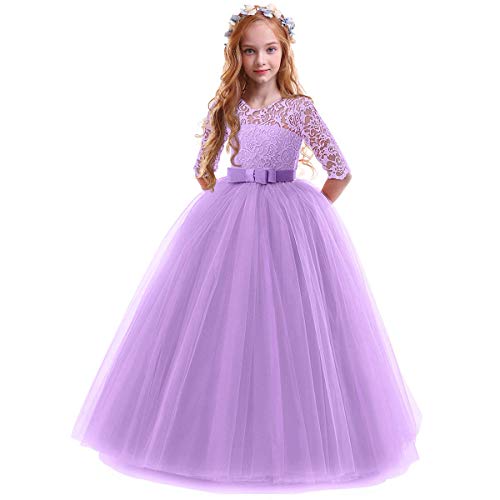 FYMNSI Blumenmädchen Kleider Mädchen Kinder Festlich Hochzeits Kleid Prinzessin Brautjungfern Anlässe Partykleider Festzug 3/4 Arm Spitzenkleid Tüllkleid Erstkommunion Abendkleid Violett 9-10 Jahre von FYMNSI