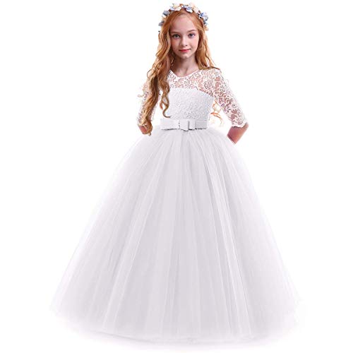 FYMNSI Blumenmädchen Kleider Mädchen Kinder Festlich Hochzeits Kleid Prinzessin Brautjungfern Anlässe Partykleider Festzug 3/4 Arm Spitzenkleid Tüllkleid Erstkommunion Abendkleid Weiß 13-14 Jahre von FYMNSI