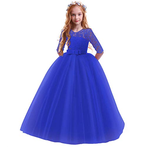 FYMNSI Blumenmädchenkleid Mädchen Kinder Festlich Hochzeitskleid Tütü Prinzessin Brautjungfern Festkleid Partykleid Festzug Spitzenkleid Tüllkleid Erstkommunion Kleid Abendkleid Königsblau 11-12 Jahre von FYMNSI