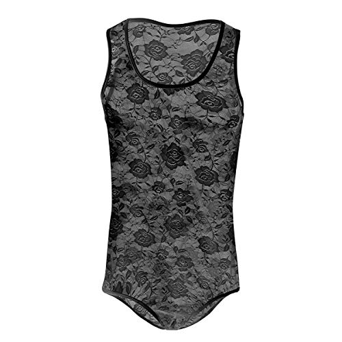 FYMNSI Body Herren Sexy Spitze Bodysuit Durchsichtig Stringbody Ärmellos Männerbody Unterwäsche Muskel Shirt High Cut Wrestling Unterhemd Einteiler Sissy Dessous Nachtwäsche Reizwäsche Schwarz L von FYMNSI