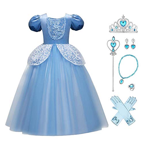 FYMNSI Cinderella Kostüm Kleid für Kinder Mädchen Aschenputtel Märchen Halloween Cospaly Karneval Fasching Prinzessinnenkleid Tüll Langes Maxikleid Geburtstagsfeier Verkleidung mit Zubehör 3 Jahre von FYMNSI