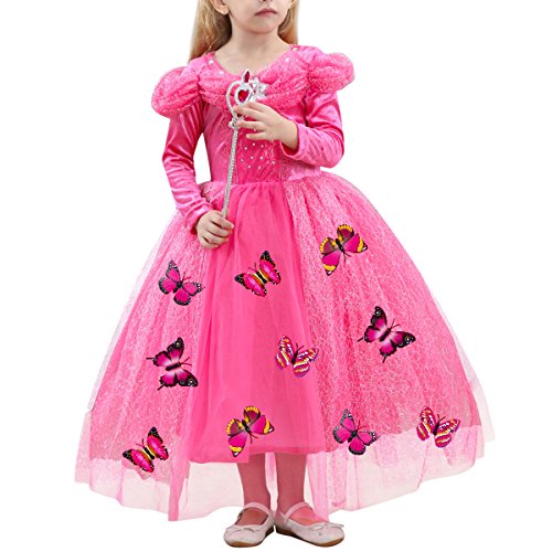 FYMNSI Cinderella Kostüm Kleid für Kinder Mädchen Märchen Aschenputtel Karneval Fasching Prinzessinnenkleid Maxikleid Halloween Weihnachten Geburtstagsfeier Cospaly Ballkleid Langarm Rose 6-7 Jahre von FYMNSI