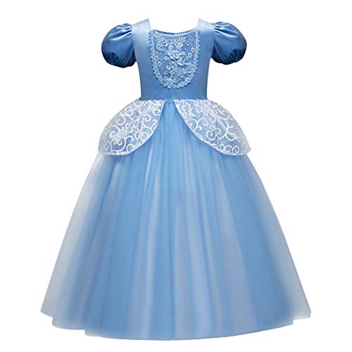 FYMNSI Cinderella Kostüm Kleid für Kinder Mädchen Märchen Aschenputtel Karneval Fasching Prinzessinnenkleid Tüll Maxikleid Halloween Geburtstagsfeier Cospaly Tutu Ballkleid Lang Festkleid Blau 5-6Y von FYMNSI