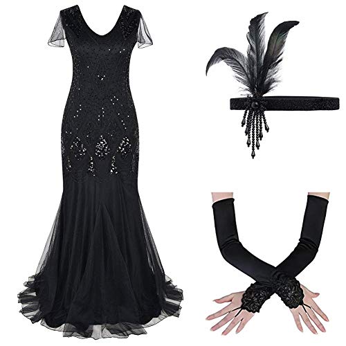 Damen 1920er 20er Jahre Great Gatsby V-Ausschnitt Paisley Pailletten Gefüttert Flapper Kleid mit Zubehör Cocktailkleid Abendkleider Maxikleid für Motto Party Hochzeit Fasching Kostüm Schwarz L von FYMNSI