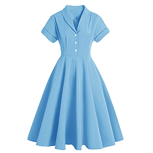 FYMNSI Damen 1950er Vintage Rockabilly Kleid Retro Hepburn Stil Schwingen Pin Up Faltenrock Knopf Petticoat Kleider Kurzarm Partykleid Cocktail A-Linie Sommer Ballkleid Abendkleid Blau 2XL von FYMNSI