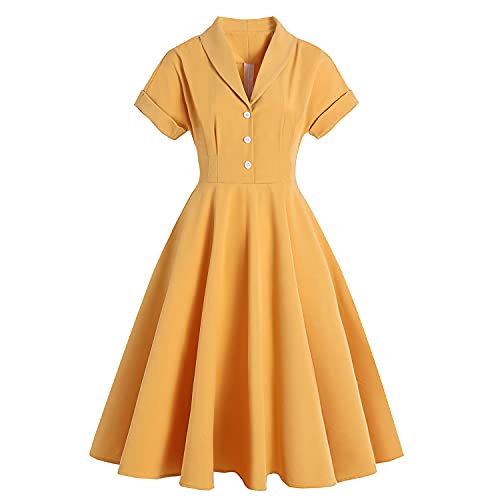 FYMNSI Damen 1950er Vintage Rockabilly Kleid Retro Hepburn Stil Schwingen Pin Up Faltenrock Knopf Petticoat Kleider Kurzarm Partykleid Cocktail A-Linie Sommer Ballkleid Abendkleid Gelb L von FYMNSI