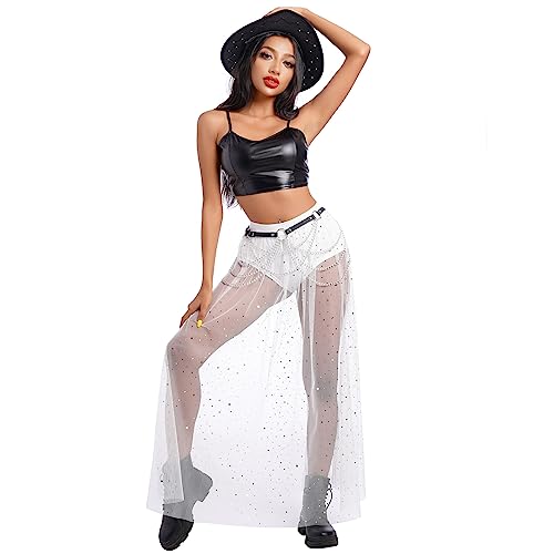 FYMNSI Damen 2 in 1 Transparent Mesh Rock Mit Hose Drunter High Waist T?llrock Lang Maxirock Glitzer Stern Strandrock Rave Outfit Musikfestivals Party Streetwear Clubwear Sommerrock Cover Up Wei? L von FYMNSI