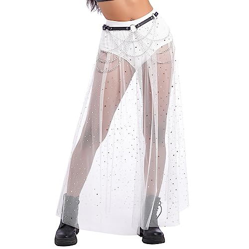 FYMNSI Damen 2 in 1 Transparent Mesh Rock Mit Hose Drunter High Waist T?llrock Lang Maxirock Glitzer Stern Strandrock Rave Outfit Musikfestivals Party Streetwear Clubwear Sommerrock Cover Up Wei? S von FYMNSI