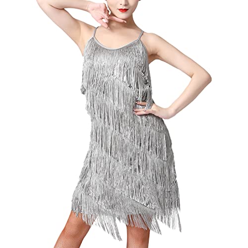 FYMNSI Damen 20er Jahre Kostüm Charleston Fransenkleid Pailletten Quaste Flapper Kleid Latin Tanzkleid Rave Festival Träger Minikleid Vintage Gatsby 1920er Cocktail Partykleid Salsa Tango Grau XL von FYMNSI