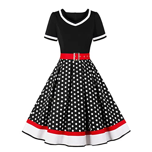 FYMNSI Damen 50er Jahre Rockabilly Kleid, 60er Retro Vintage Gepunktet Kleid Mit Gürtel Audrey Hepburn Kurzarm Partykleider Festkleid Midikleid A Linie Swing Abendkleider Cocktailkleider Schwarz M von FYMNSI